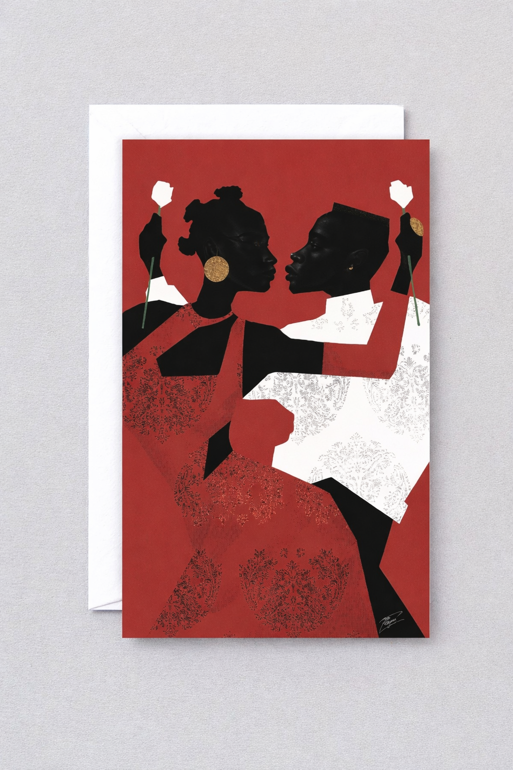 Greeting card with black and white illustration of two women on a red background
