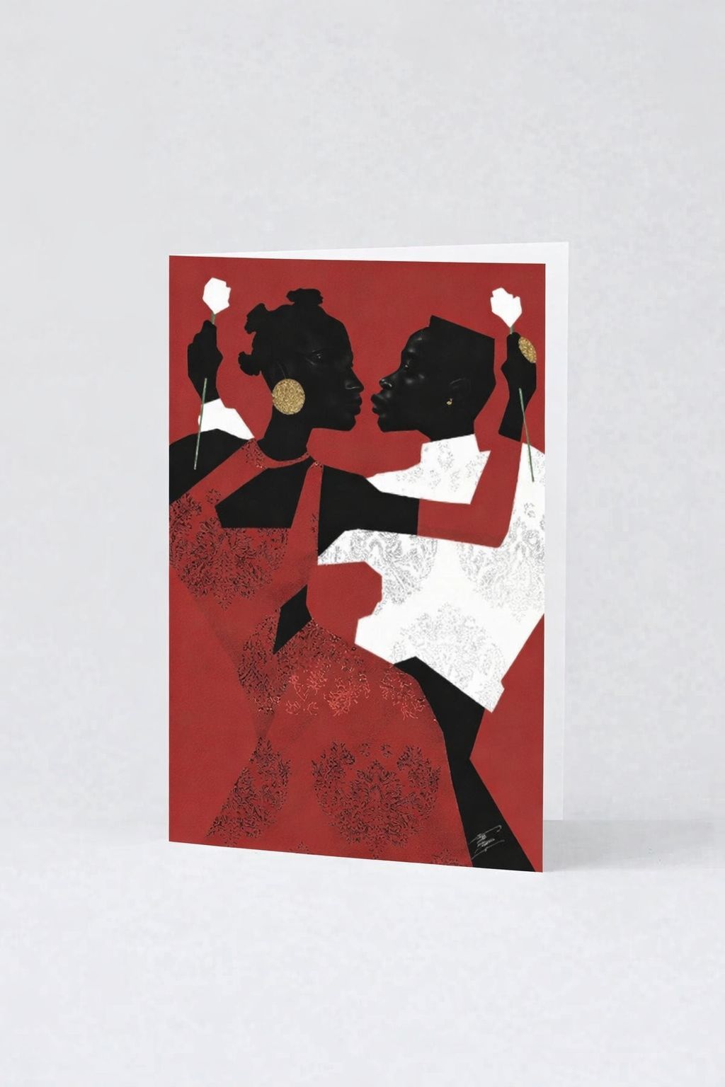 Greeting card with black and white illustration of two women on a red background