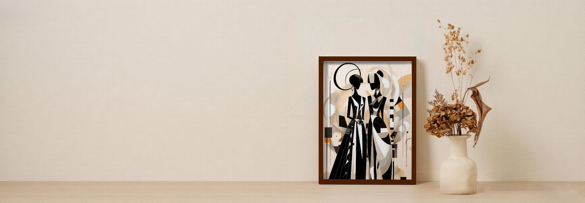 Framed abstract art piece on a wall with a vase of dried flowers below.1621243260e1af0c20-2